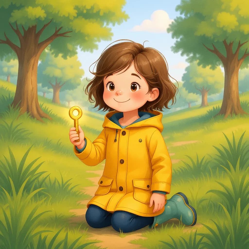 A child in a yellow raincoat kneeling in the grass beneath an oak tree, holding up a small golden key