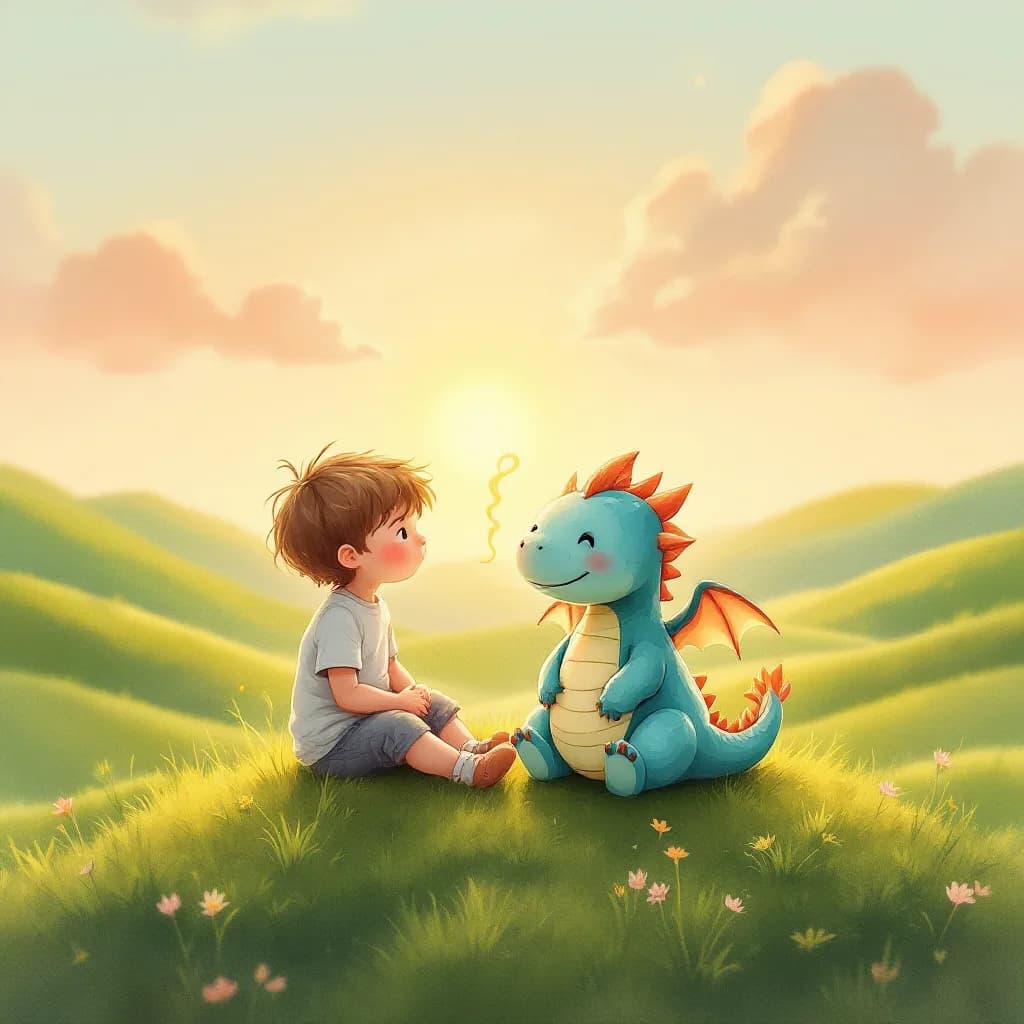 A child sitting on a hilltop beside a small friendly dragon
