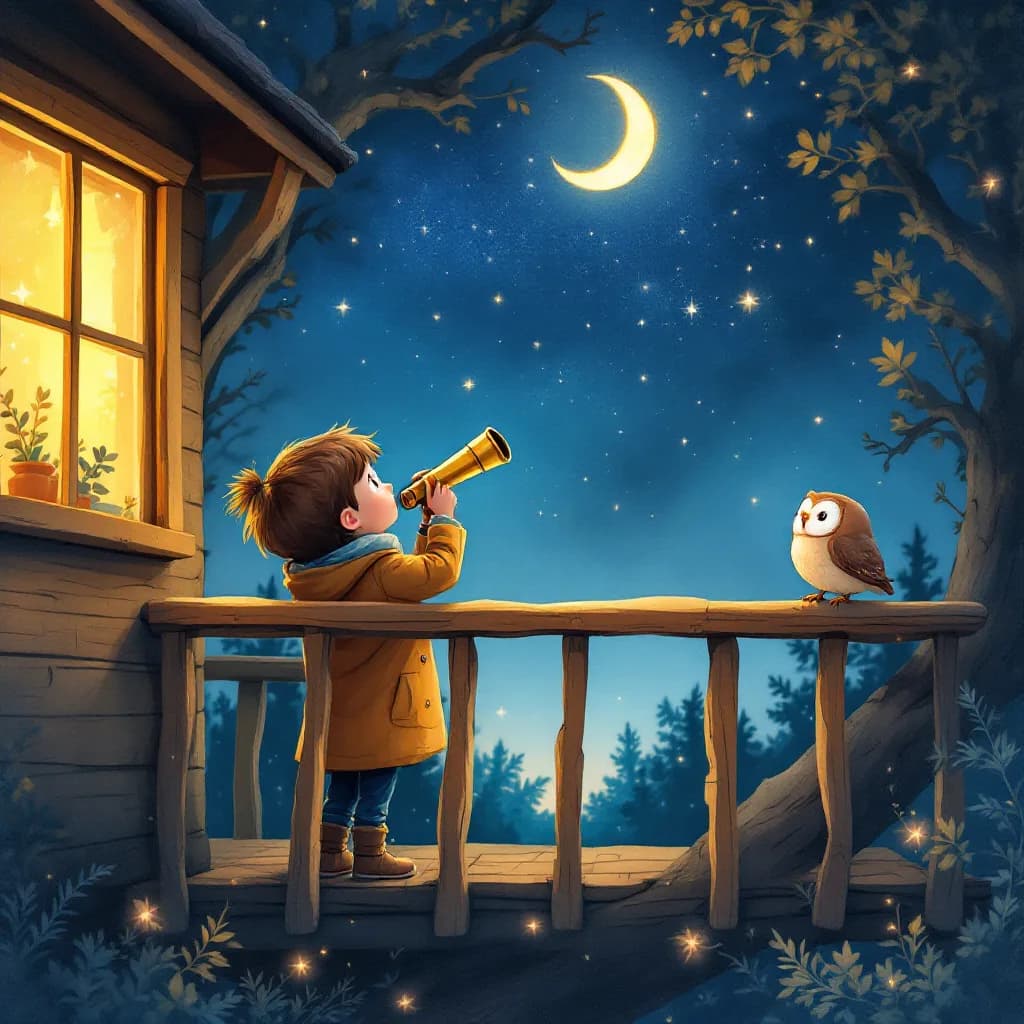 A child on a treehouse balcony looking through a telescope at a starry sky, an owl perched nearby